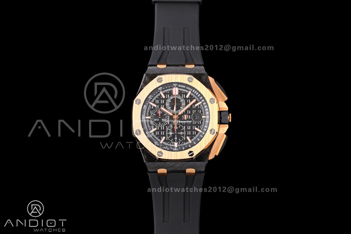 Royal Oak Offshore 44mm Forged Carbon RG Bezel JF 1:1 Best Edition Black Dial on Rubber Strap A3126